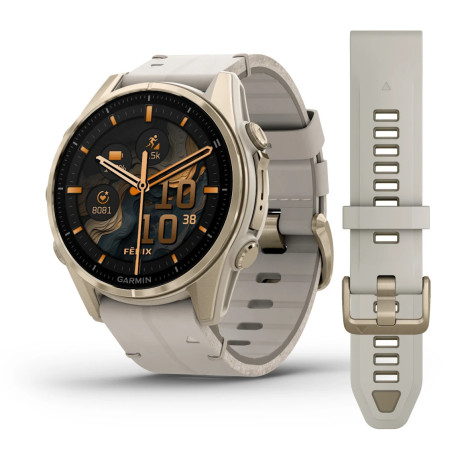 Smartwatch Garmin Fenix 8 - 43 mm, AMOLED Sapphire, Soft Gold ze skórzanym paskiem Limestone