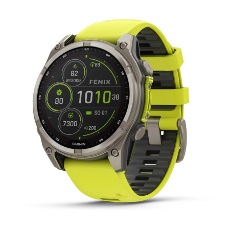 Smartwatch Garmin Fenix 8 - 51 mm, SOLAR Sapphire, Tytanowy z paskiem silikonowym w kolorze Amp yellow